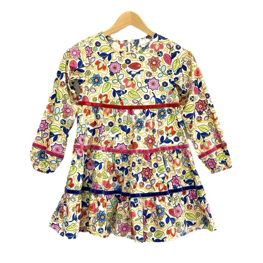 Hanna Andersson Tiered Ruffle Floral Dress Girls Size 8 Colorful Velvet Ribbon
